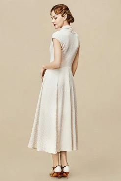 Front Page -1920's Shop Cap Sleeve Shirtwaist V Neck Dress Beige 3 scaled