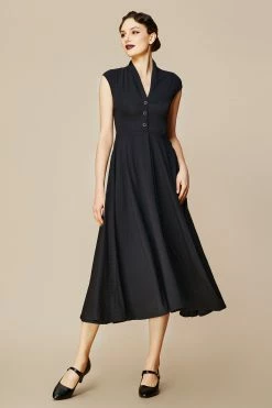 Promo ⌛ BABEYOND Cap Sleeve 👕 Shirtwaist V Neck 👗 Dress 👏 -1920's Shop Cap Sleeve Shirtwaist V Neck Dress Black 2 scaled