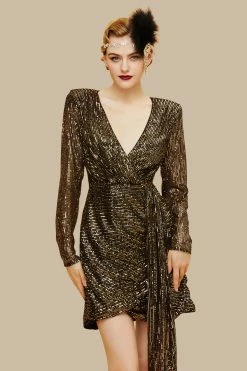 Best Pirce 🤩 BABEYOND V Neck Tie Sequin Mini 👗 Dress 🎉