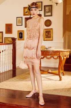Front Page -1920's Shop Retro Fringe Sleeve Sequin Dress Rosegold 3 scaled
