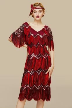 Front Page -1920's Shop Shimmering Tiered Fringe Sequin Dress Red 4 scaled